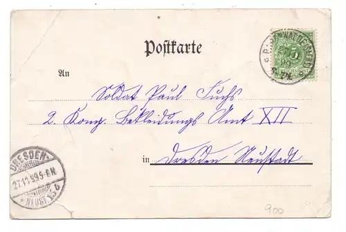 0-9501 BÄRENWALDE, Lithographie 1899, Colonialwaren - Restaurant Leitner, Eisenbahn, Kirche, Pfarrhaus, Eckmängel