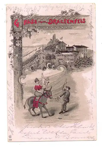 5330 KÖNIGSWINTER, Lithographie, Gruss vom Drachenfels, Eselsritt, 1900