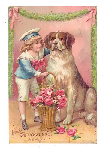 HUNDE - BERNHARDINER, Geburtstagskarte, geprägt / embossed / relief, 1907, Junge im Seemannskostüm