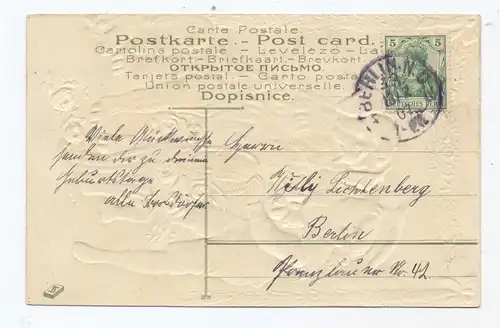 HUNDE - BERNHARDINER, Geburtstagskarte, geprägt / embossed / relief, 1907, Junge im Seemannskostüm