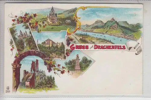 5330 KÖNIGSWINTER, DRACHENFELS, Gruss vom Drachenfels, dekorative Rückseite, 6-teilige Lithographie