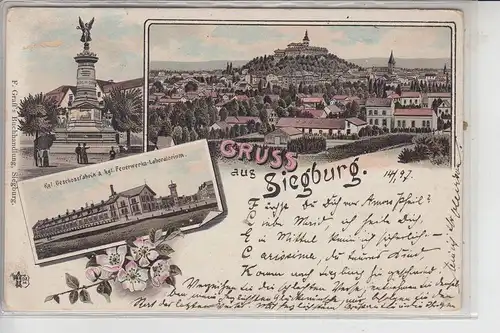 5200 SIEGBURG, Lithographie 3-teilig, u.a Kgl.Geschossfabrik & Feuerwerks-Laboratorium 1897, Briefmarke fehlt
