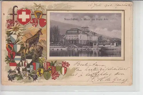 CH 2000 NEUCHATEL / NEUENBURG, Lithographie Wappenprägekarte 1902, le Musee des Beaux Arts