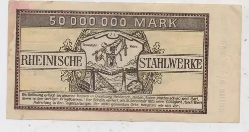 4100 DUISBURG - MEIDERICH, Rheinische Stahlwerke, Notgeld, 50 Millionen Mark, Mittelfaltung, leichte Farbflecken