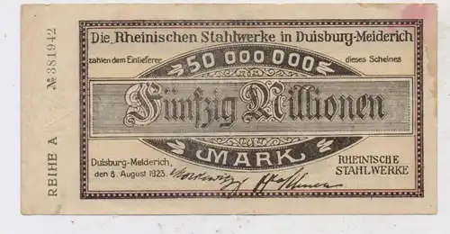 4100 DUISBURG - MEIDERICH, Rheinische Stahlwerke, Notgeld, 50 Millionen Mark, Mittelfaltung, leichte Farbflecken