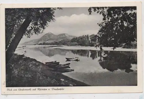 5340 BAD HONNEF - GRAFENWERTH, Blick von der Insel auf den Rheinarm und Drachenfels, 1953