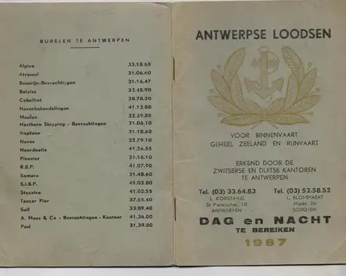 BINNENSCHIFFE - ANTWERPEN / SCHELDE, "Antwerpse Loodsen", 1967,Kalender in Heftform, viel Werbung, 36 Seiten