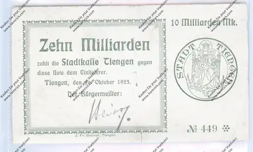 7890 WALDSHUT - TIENGEN, Notgeld, 10 Milliarden, 1923, Stadtkasse, Gebrauchserhaltung