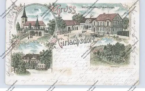NIEDER - SCHLESIEN - GIRLACHSDORF (Reichenbach), Lithographie, Guhlichs Gasthaus, Kirche, Schloss, Höllengrund
