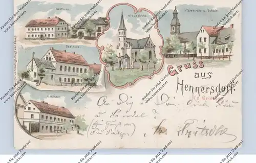 OBER-SCHLESIEN - HENNERSDORF/FRIEDEWALDE / SKOROSZYCE, Lithographie 1899, 3 Gasthäuser, 2 Kirchen