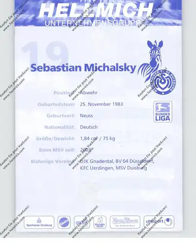 FUSSBALL - MSV DUISBURG - SEBASTIAN MICHALSKY, Autogramm
