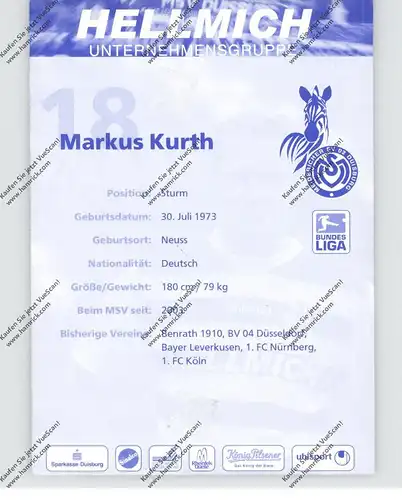 FUSSBALL - MSV DUISBURG - MARKUS KURTH, Autogramm