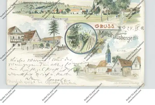 F 67206 MITTELHAUSBERGEN, Lithographie, Wirtschaft Zur Tanne, Kirche, Gesamtansicht