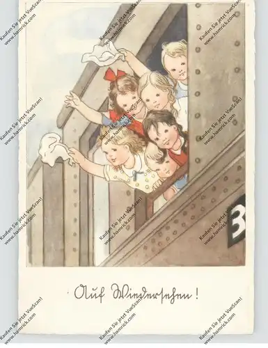 KÜNSTLER - ARTIST - CARL LINDEBERG, Kinder in der Eisenbahn, "Auf Wiedersehen !", 1944