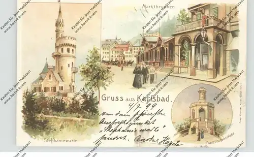 BÖHMEN & MÄHREN - KARLSBAD / KARLOVA VARY, Lithographie 1899, Stephaniewarte, Marktbrunnen... 2 Nadellöcher