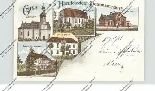 NIEDER-SCHLESIEN - LÖWENBERG-HARTLIEBSDORF-DEUTMANNSDORF, Lithographie, Bahnpost, Bahnhof, Kirchen, Schule