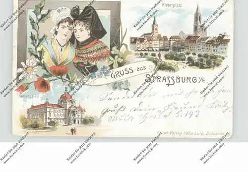F 67000 STRASBOURG / STRASSBURG, Lithographie, Elsässer Trachten, Kaiserpalast, Kleberplatz
