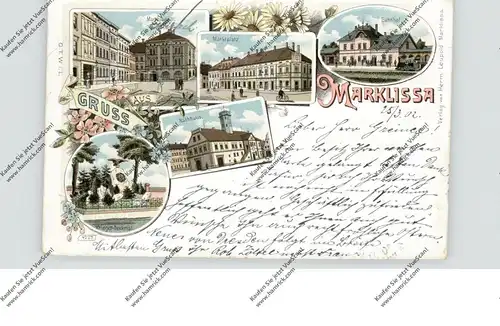 NIEDER-SCHLESIEN - MARKLISSA / LESNA (Luban), Lithographie, Bahnhof, Marktplatz, Rathaus, Denkmal...Brfm.entfernt