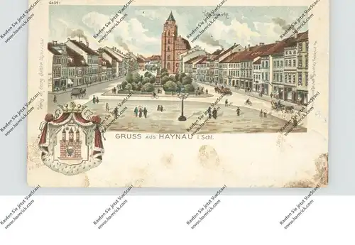 NIEDER-SCHLESIEN - HAYNAU / CHOJNOW, (Liegnitz) Lithographie, Gesamtansicht & Stadtwappen, Eckmangel