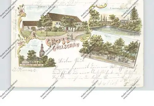 NIEDER - SCHLESIEN - GÖLLSCHAU / GOLISZOW (Liegnitz), Lithographie, Hübner's Gasthaus, Eisenbahnbrücke, Kirche
