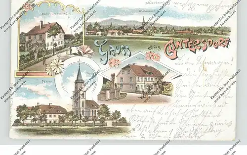 NIEDER-SCHLESIEN - GÜNTHERSDORF / GODZIESZOW, (Bunzlau), Lithographie, Bäckerei Gutte, Schule, Kirche...Bahnpost