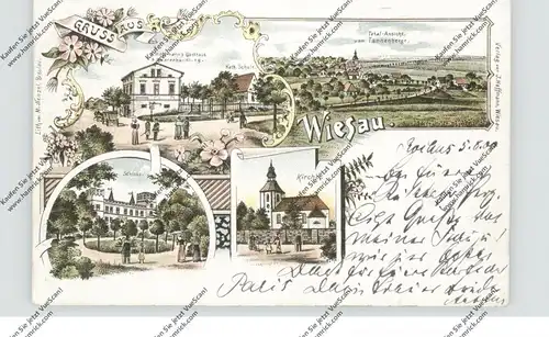 OBER-SCHLESIEN - WIESAU / LAKA (Neisse), Lithographie, Warenhandlung, Kirche, Schule, Schloss