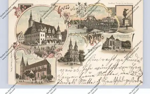 OBER-SCHLESIEN - BRIEG / BRZEG, Lithographie 1899, Oderbrücke, Denkmal, Hedwigskirche, ev. Kirche...
