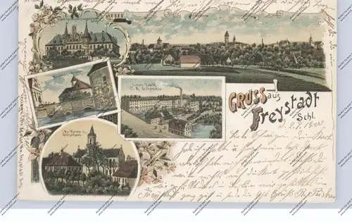 NIEDER-SCHLESIEN - FREYSTADT / KOZUCHOW, Lithographie  Lederfabrik, Gymnasium,.. Bahnpost Neusalz-Sagan 842