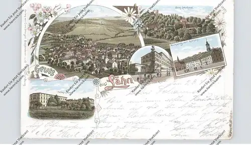 NIEDER - SCHLESIEN - LÄHN/WIEN, Lithographie 1899, Pädagogium, Wasserheilanstalt, Rathaus, Burg Lehnhaus, Gesamtansicht