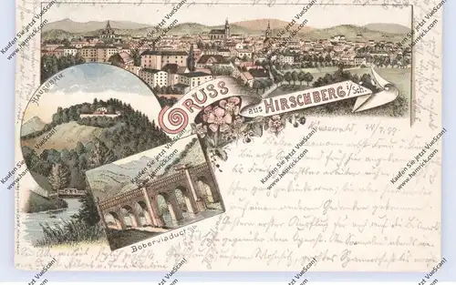 NIEDER - SCHLESIEN - HIRSCHBERG / JELENIA GORA, Lithographie 1899, Boberviaduct, Hausberg, Gesamtansicht