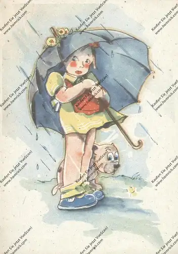 KINDER, Mädchen mit Schirm und Hund (Bonzo-ähnlich)