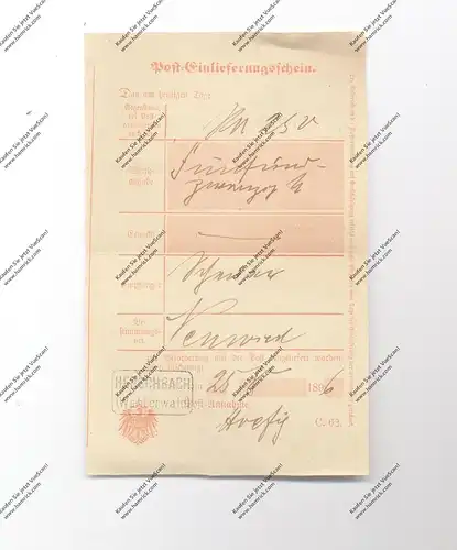 5418 SELTERS - HERSCHBACH / Westerwald, Postgeschichte, Einlieferungsschein 1896, Kastenstempel