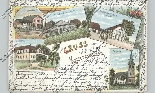 NIEDER - SCHLESIEN - KAISERSWALDAU Krs. Goldberg, Lithographie 1899, Bahnhof, Gasthof / Fleischerei, Kirche, Schloss