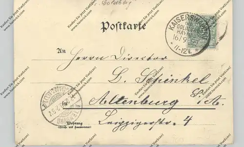 NIEDER - SCHLESIEN - KAISERSWALDAU Krs. Goldberg, Lithographie 1899, Bahnhof, Gasthof / Fleischerei, Kirche, Schloss