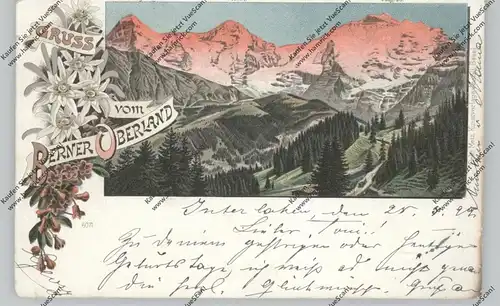 CH 3818 GRINDELWALD BE, Lithographie, Eiger, Mönch und Jungfrau, 1899, Druckstelle
