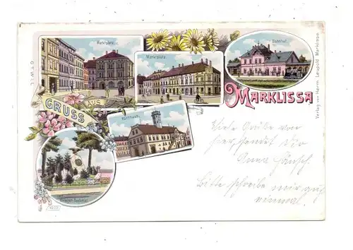 NIEDER - SCHLESIEN - MARKLISSA / LESNA, Lithographie,Bahnhof, Marktplatz, Krieger-Denkmal, Rathaus