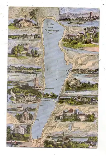 8130 STARNBERG, Grüsse vom Starnberger See, Seekarte, 1915
