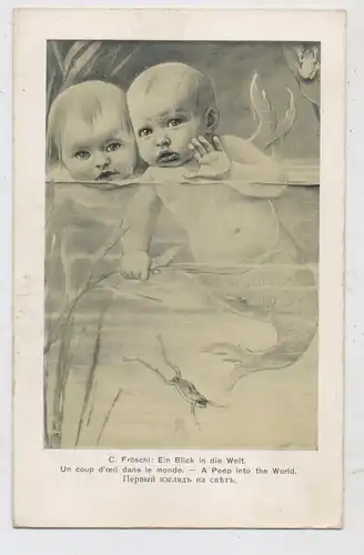 MEERJUNGFRAU / MERMAID / NIXE, Junge und Mädchen, Frosch, Künstler-Karte C. Fröschl, 1917