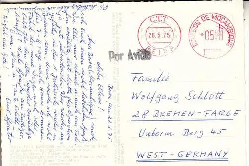 SOUTH AFRICA / SÜDAFRIKA, Male Zulu Dancers, ethnic / Völkerkunde, postmark Mocambique, 1975