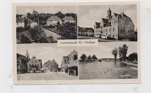 0-8260 LOMMATZSCH, Stadtbad, Markt, Rathaus (Omnibus), Ortsansicht, 1959, kl. Druckstellen