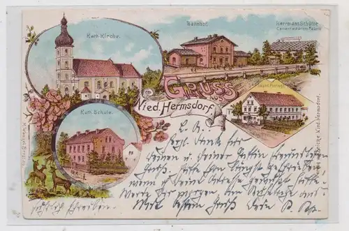 OBER - SCHLESIEN - NIEDERHERMSDORF / JASIENICA DOLNA (Neisse), Lithographie 1898, Bahnhof, Post, Schule, Kirche