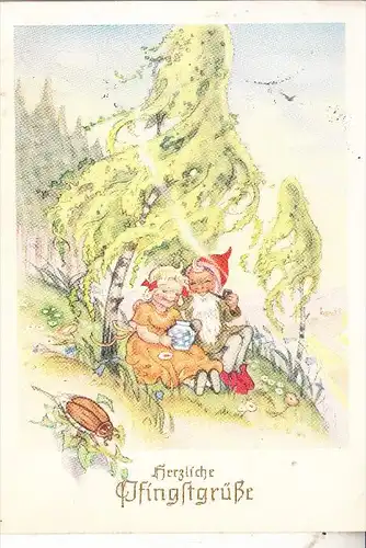 ZWERGE / Gnome / Dwarfs / Nains / Nani / Dwergen / Enanos - Künstler-Karte , Zwwrg mit Mädchen & Maikäfer