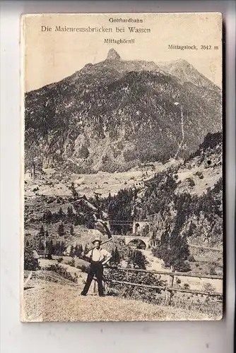 CH 6484 WASSEN / Uri, Gotthardbahn, Maienreussbrücken, Klapp-Karte mit echten Edelweiss-Strauss