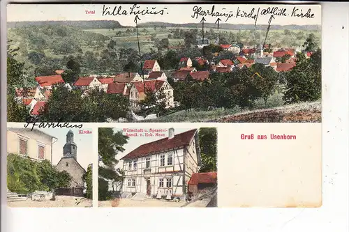 6474 ORTENBERG - USENBORN, Kirche, Ortsansicht, Wirtschaft & Spezereihandlung Hch. Neun, 1915