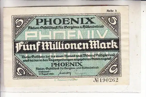 4000 DÜSSELDORF, Notgeld - Banknote, Phoenix AG, Bergbau & Hüttenbetrieb, 5 Millionen, 1923