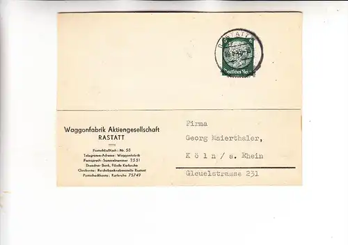 7550 RASTATT, Waggonfabrik AG, Postkarte mit Firmenlochung WAR, 1942, Perfin