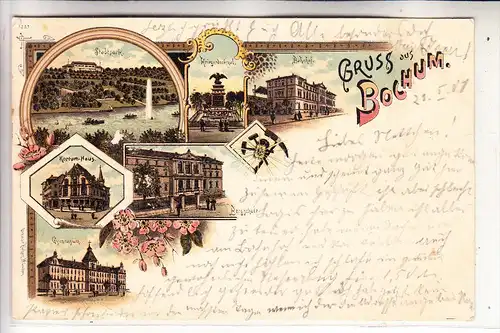 4630 BOCHUM, Lithographie 1901, Gruss aus..., u.a. Bahnhof, Kl. Druckstelle & Papiermangel
