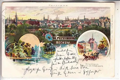 4630 BOCHUM, Lithographie 1901, Stadtparkteich, Bergstrasse, Panorama
