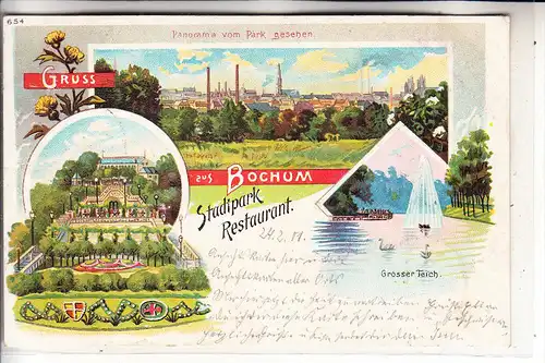 4630 BOCHUM, Lithographie 1901, Stadtpark Restaurant, Grosser Teich, Panorama
