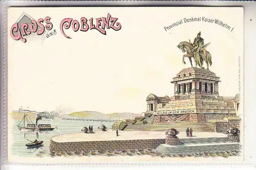 5400 KOBLENZ, Deutsches Eck, Denkmal Kaiser Wilhelm I., Lithographie, ca. 1900